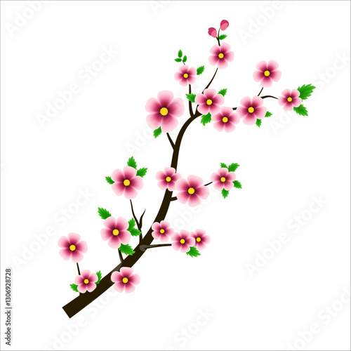 Cherry Blossom Branch Vector Illustration,  Isolated Sakura Tree