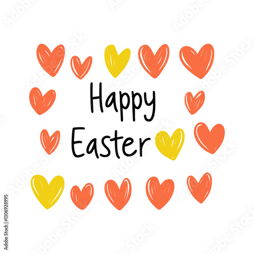 Happy Easter Background, Colorful Greeting Card with Hearts, Vector illustration, Hand Drawn Style
