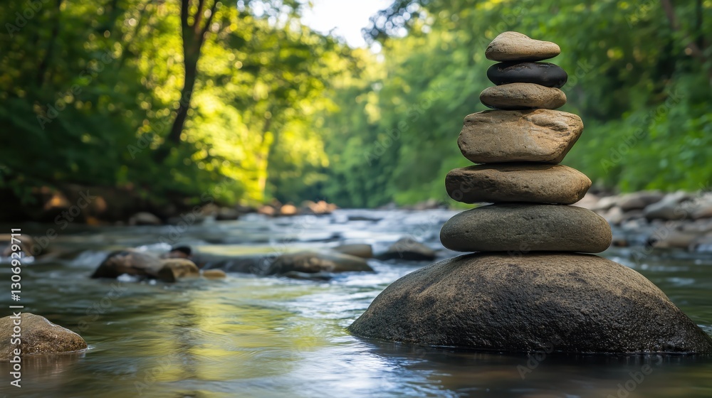 A balanced stack of smooth stones rests atop a large river rock, framed by flowing water and lush trees under a bright, clear sky. A balanced stack of smooth stones rests atop a large river rock, framed by flowing water and lush trees under a bright, clear sky.