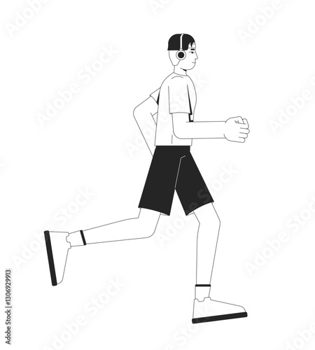 Young korean man running while listening to music with headphones 2D line character. Casual sportswear runner asian guy jogging isolated vector ink outline person. Monochromatic spot illustration