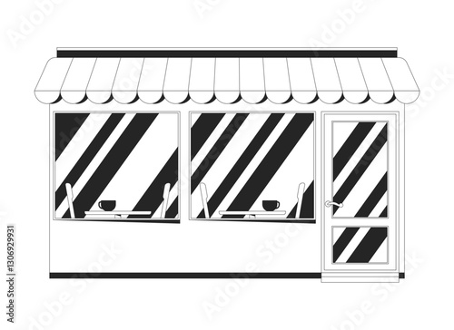 Cozy cafe exterior with large windows and awning 2D line object. Coffee shop, dining, urban life. Modern bistro storefront isolated clipart vector ink outline item. Monochrome spot illustration