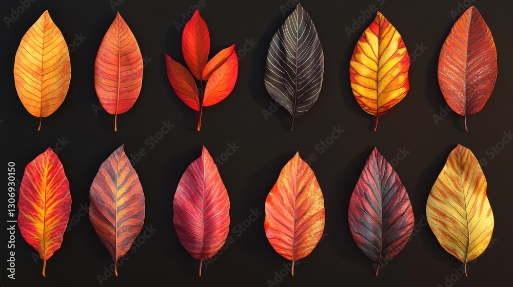 Obraz premium A collection of fall leaves in shades of red, orange, and yellow, vibrant and rich, ultra-detailed, 4k