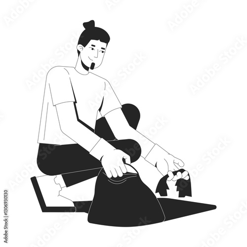 Caucasian bearded man with bun hairstyle cleaning up litter 2D line character. Male volunteer picking up trash while wearing gloves isolated vector ink outline person. Monochromatic spot illustration