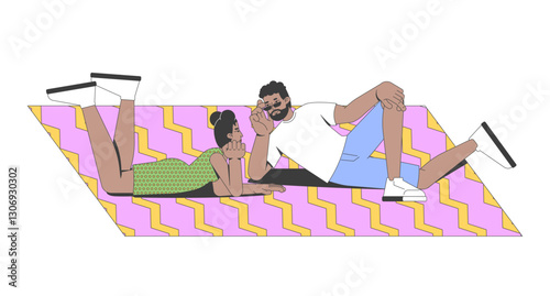 Black couple relaxing on picnic blanket 2D cartoon characters. African american man and woman flirting, romantic conversation flat vector people isolated on white. Spot illustration colorful
