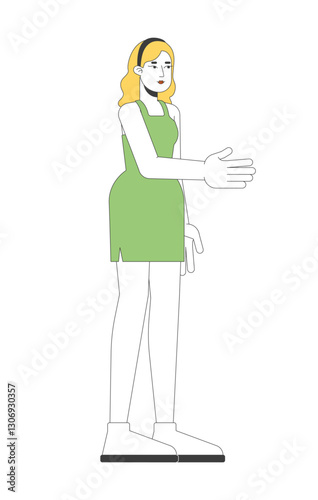 Blonde woman in green dress extending hand for handshake 2D cartoon character. Caucasian girl welcoming and friendly greeting gesture flat vector person isolated on white. Spot illustration colorful