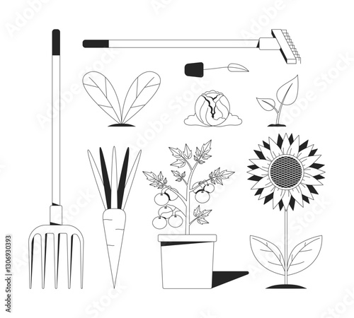 Gardening tools, vegetables and plants 2D line object. Pitchfork, rake, sunflower, cabbage, carrot and cherry tomatoes pot isolated clipart vector ink outline item. Monochrome spot illustration