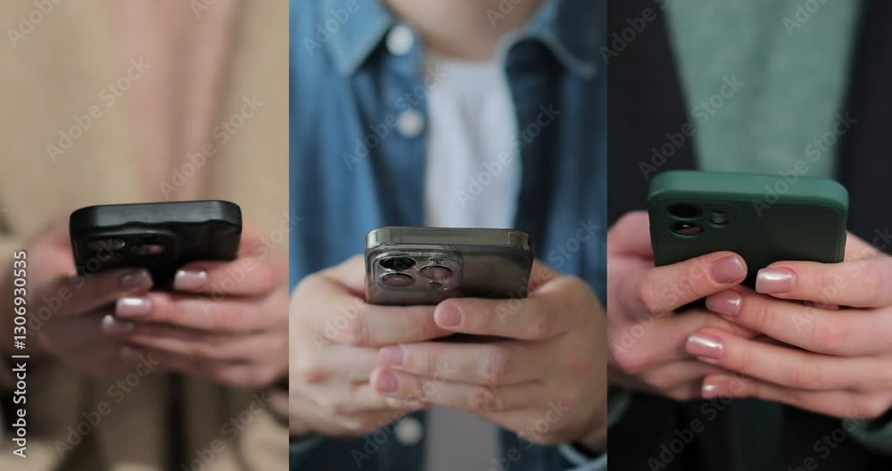 Multiscreen on people using smartphone in everyday life. People using the mobile phone. No-mobile-phone phobia. Multiscreen footage. Split screen variation.