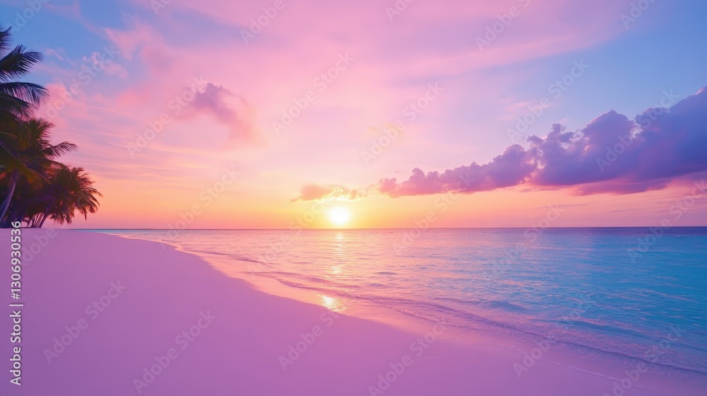 Fototapeta premium sunset over a white sandy beach with palm trees, colors in the sky, tranquil and romantic,