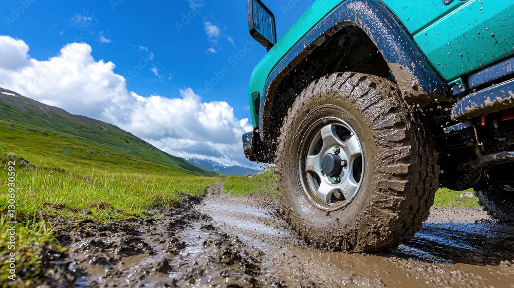 Naklejka premium exhilarating action shot capturing rugged 4x4 vehicle navigating through muddy terrain under bright blue sky. powerful tires grip wet ground, showcasing off road adventure