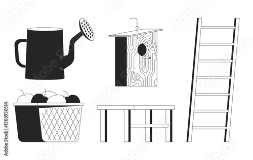 Gardening and farming essentials 2D line objects set. Watering can, wooden birdhouse, apples basket, ladder, table isolated cliparts vector ink outline items. Monochrome spot illustrations collection
