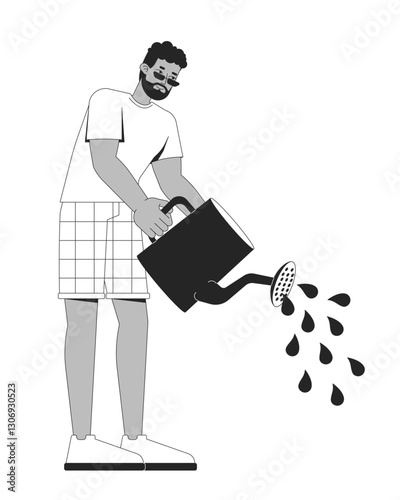 African american man irrigating plants with watering can 2D line character. Gardening. Black guy in casual summer clothes isolated vector ink outline person. Monochromatic spot illustration