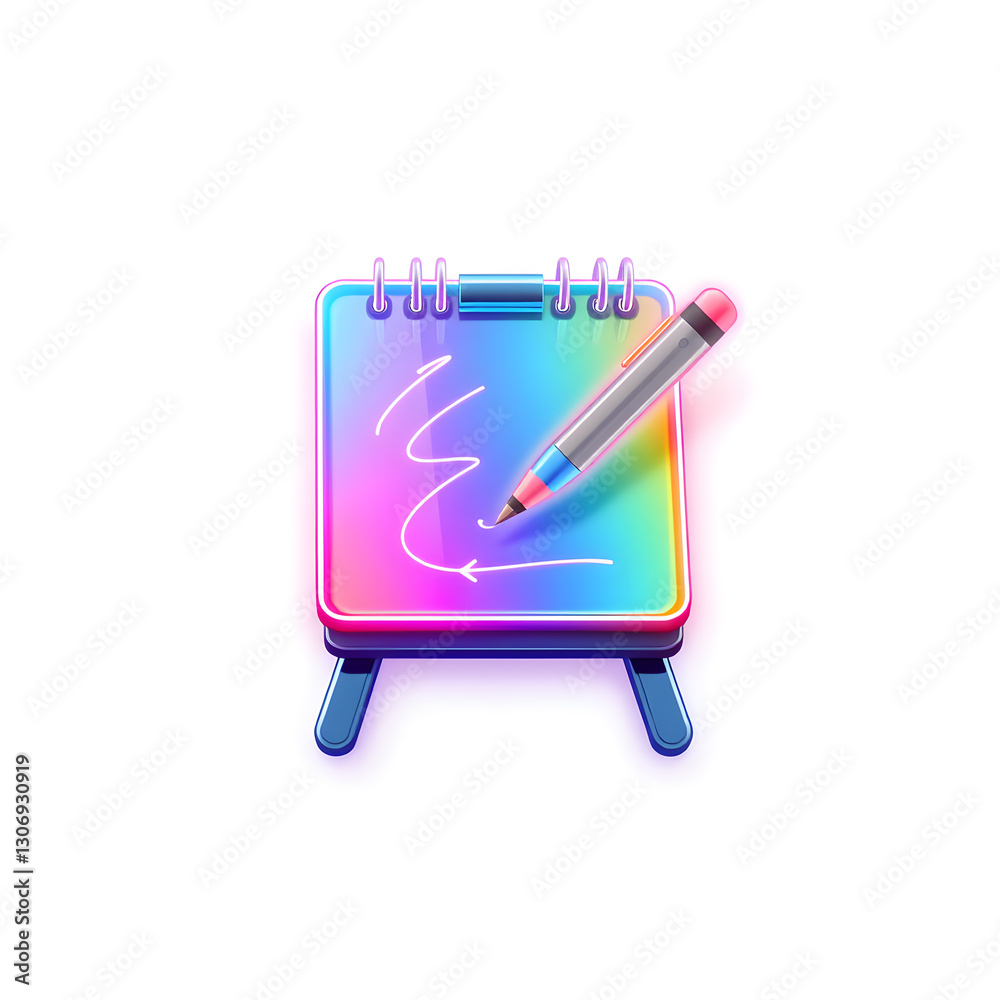 Fototapeta premium Artist sketch pad holographic 3D icon. neon symbol vector illustration isolated on white background. Generative AI