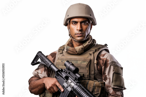 Indian Soldier in Uniform on White Background – Proud, Disciplined, and Brave Military Man Representing Strength, Leadership, and Commitment to Service in the Indian Army with Honor and Courage