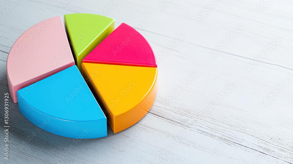 Fototapeta premium Colorful pie chart representing market segmentation on wooden surface, showcasing vibrant segments in pink, green, blue, yellow, and orange