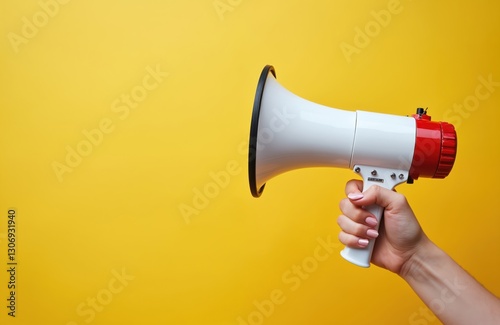 Woman holds red white megaphone on yellow background. Female hand with loudspeaker. Announce important information, protest event. Shout public opinions, present at marketing campaign, show political
