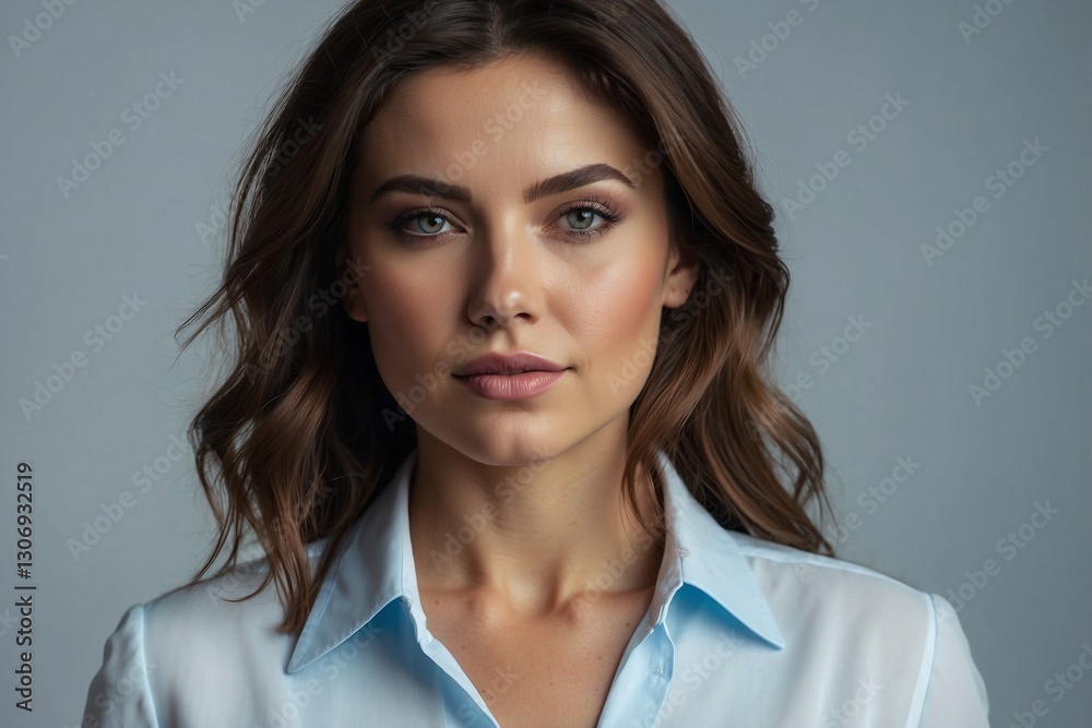 Elegant woman in casual business attire, blue shirt and white suit, stylish photoshoot with vibrant accents Elegant woman in casual business attire, blue shirt and white suit, stylish photoshoot with vibrant accents