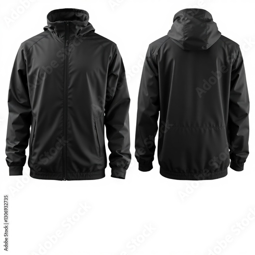 High-resolution stock photo of a black windbreaker mockup, front and back views, emphasizing texture and fabric details. Professional lighting, clean background, suitable for commercial use
