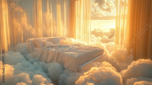 Dreamy cloudy bedroom a heavenly haven bathed in golden light
