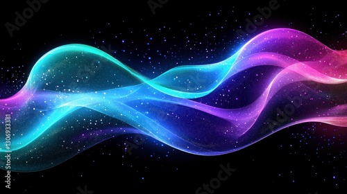 Abstract image featuring colorful flowing luminous energy with small particles