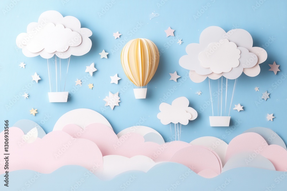 Obraz premium Whimsical paper art featuring pastel clouds and floating balloons in a dreamy, playful atmosphere for creative inspiration Generative AI