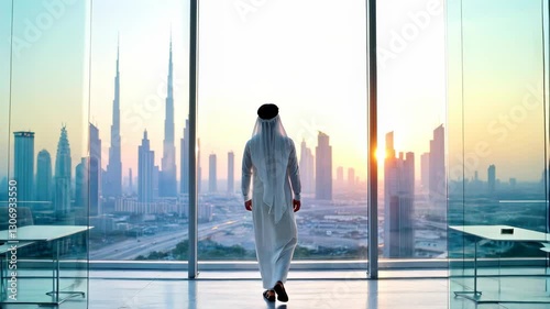 Arab Businessman Walks Towards Window With Dubai Skyline View at Sunset