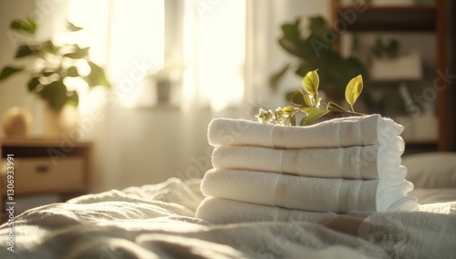 Stacked towels on a bed, sunlight streaming in