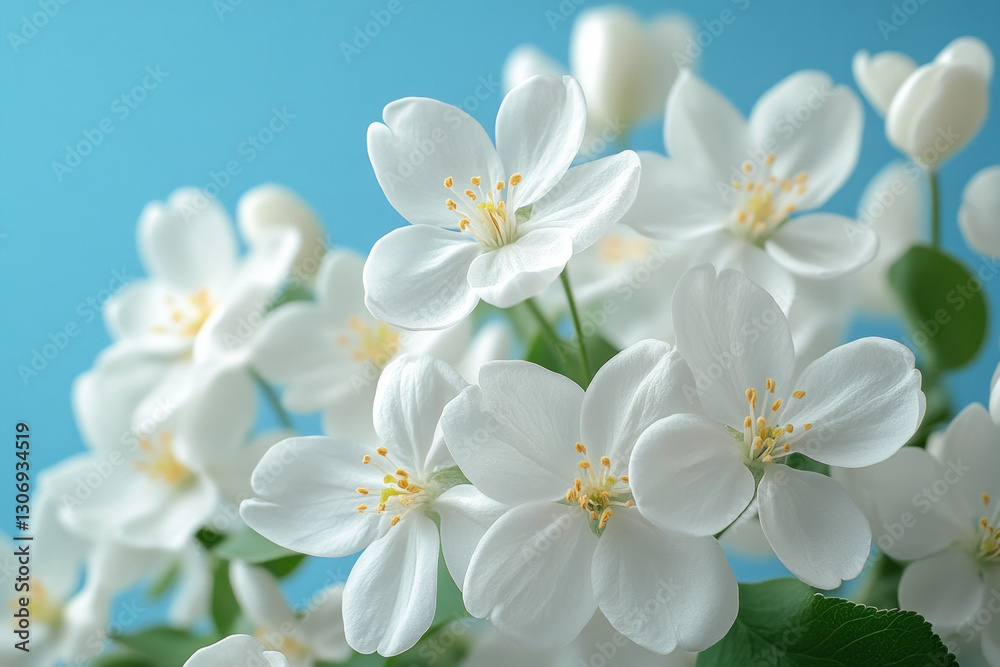 Fototapeta premium An ethereal scene featuring white spring flowers like cherry blossoms against a blue sky.