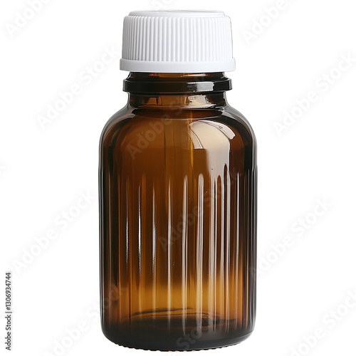 Empty amber glass bottle with white cap for pharmaceutical or cosmetic use