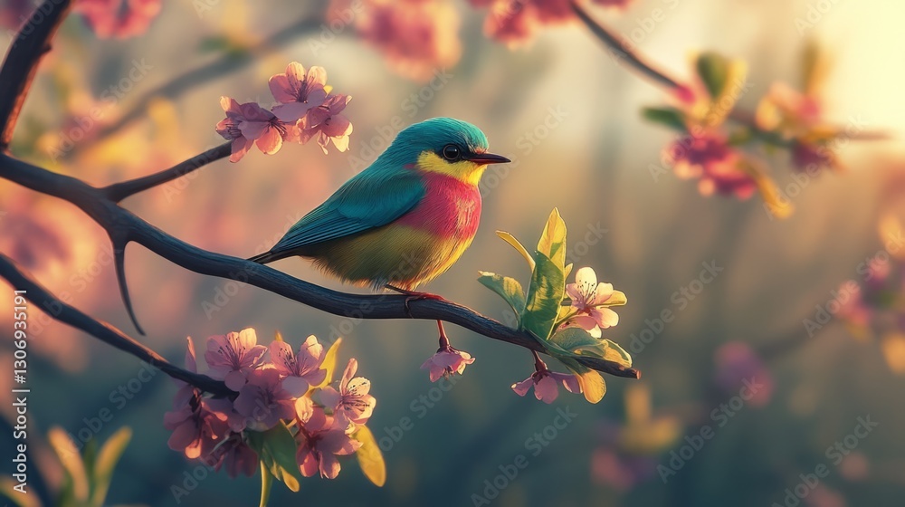 A colorful bird perched on a blooming branch, spring wildlife, ultra-detailed, 4k A colorful bird perched on a blooming branch, spring wildlife, ultra-detailed, 4k