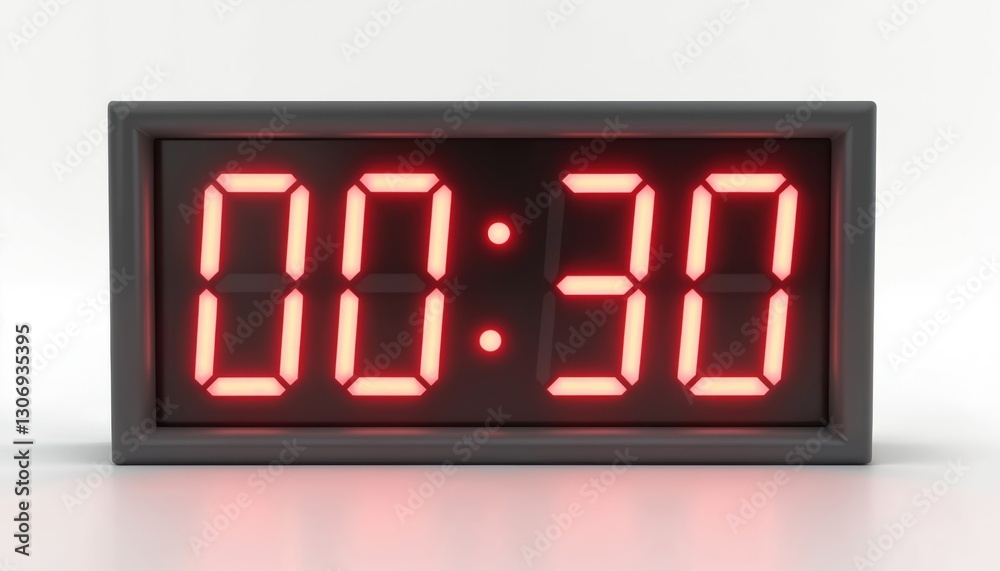 Digital clock timer displays 00 30 isolated on white background. Represents countdown specific time duration. Use as visual aid for time management, alerts, setting deadlines. Perfect for Digital clock timer displays 00 30 isolated on white background. Represents countdown specific time duration. Use as visual aid for time management, alerts, setting deadlines. Perfect for