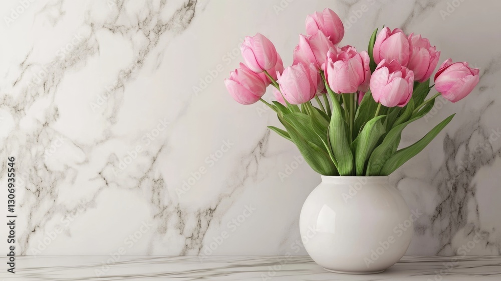 Obraz premium bunch of pink tulips in white vase on marble background . ai generated