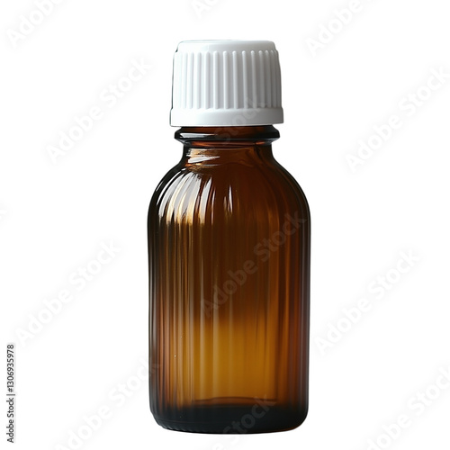 Empty amber glass bottle with white cap for pharmaceutical or cosmetic use