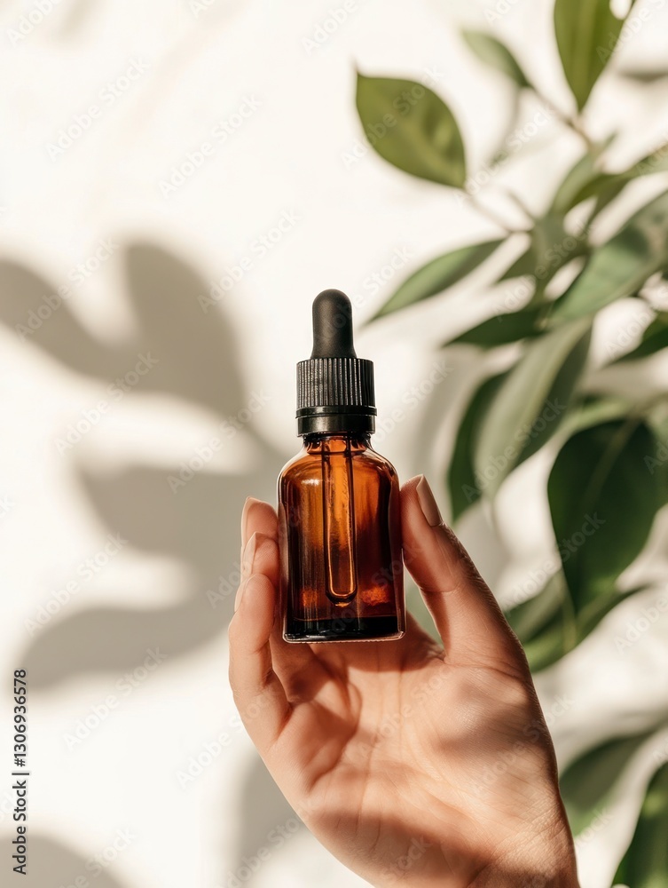 Naklejka premium Holding Amber Glass Dropper Bottle Against Wall with Plant Shadows Backdrop