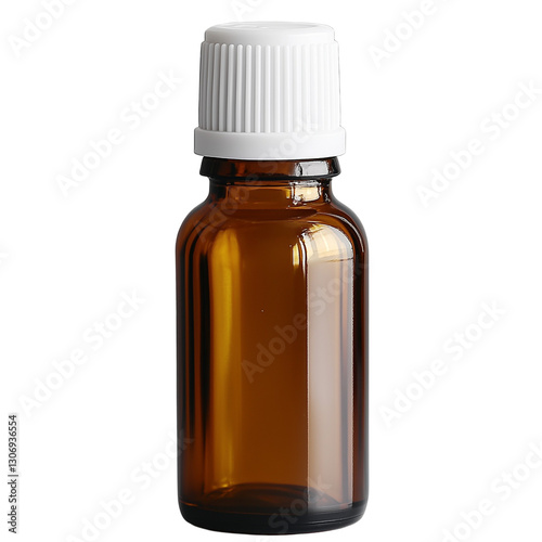 Empty amber glass bottle with white cap for pharmaceutical or cosmetic use