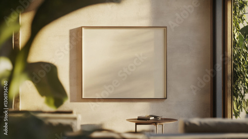  image of an empty framed picture, approximately 100 cm wide and 70 cm tall, hanging on a stylish, textured wall in a sophisticated modern home.