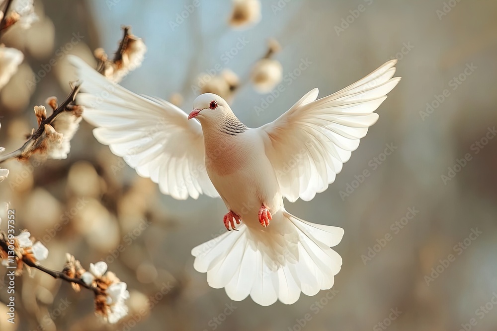 Fototapeta premium White dove flying gracefully among blossoming branches in a tranquil garden setting
