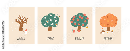 Set of winter, spring, summer and autumn posters. Hand drawn vector illustration of the four seasons. All elements are isolated.