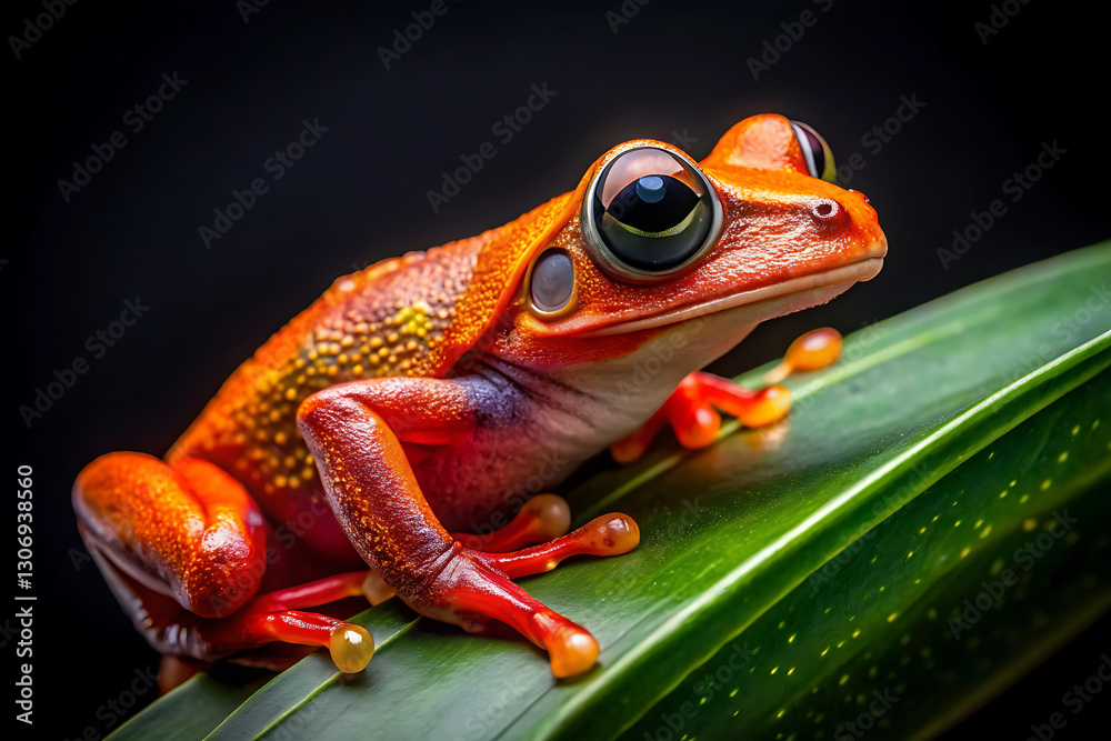 Fototapeta premium Dendropsophus leucophyllatus. Treefrog with vibrant red color dark backdrop