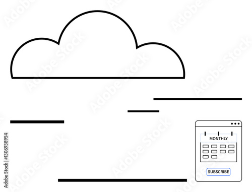 Cloud outline paired with a monthly calendar subscription window featuring a subscribe button. Ideal for data management, SaaS, cloud, subscription service, digital synchronization, online plans