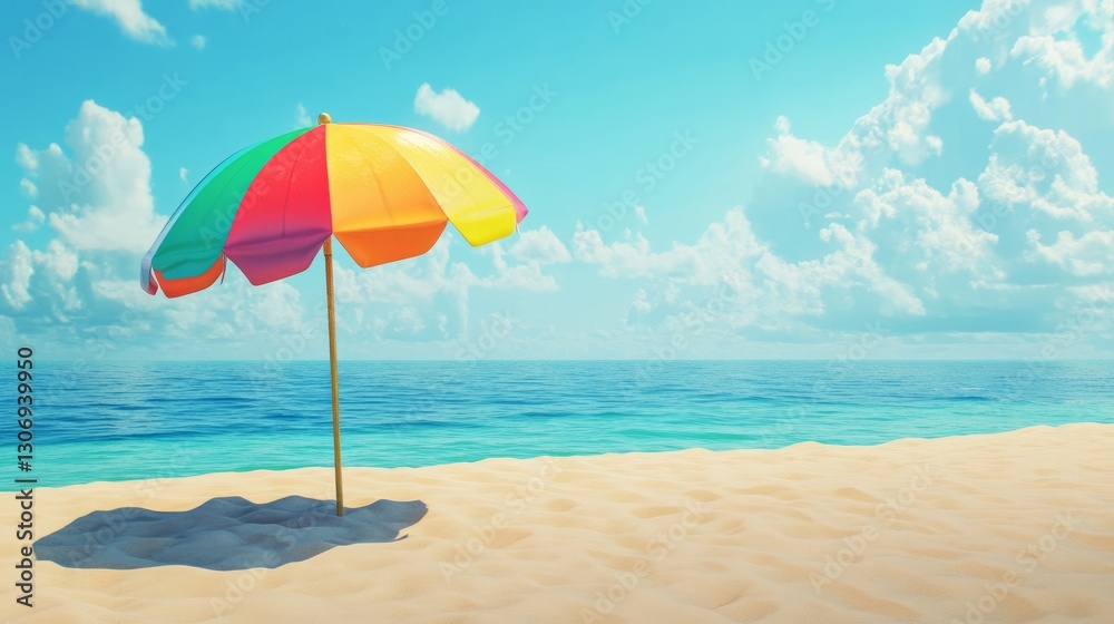 A colorful beach umbrella casting shade on the sand, bright blue ocean in the background, relaxing and inviting atmosphere, ultra-realistic, vibrant colors, 4K. A colorful beach umbrella casting shade on the sand, bright blue ocean in the background, relaxing and inviting atmosphere, ultra-realistic, vibrant colors, 4K.