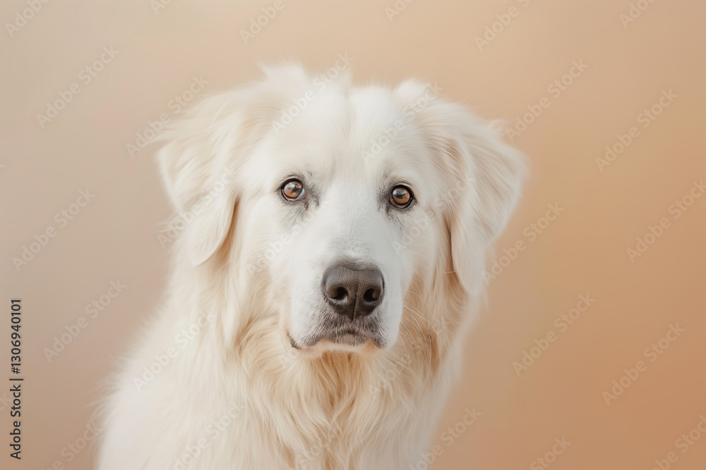 Fototapeta premium Great Pyrenees dog on minimalistic colorful background with Copy Space. Perfect for banners, veterinary ads, pet food promotions, and minimalist designs.
