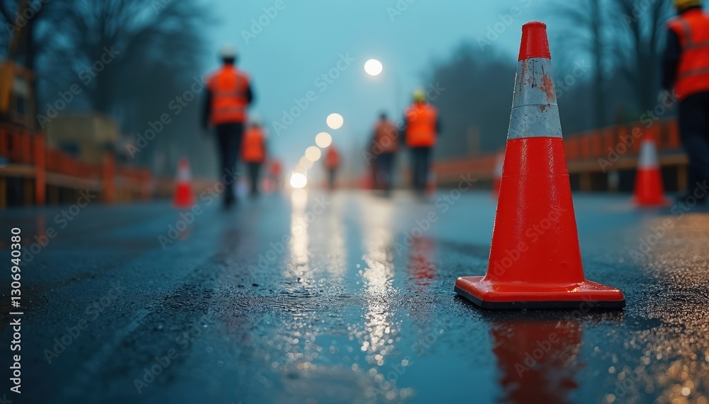 Close-up of orange construction cone on wet road. Blurred workers background. Road construction site with safety cones, street lamps, and reflective vests for accident prevention. Close-up of orange construction cone on wet road. Blurred workers background. Road construction site with safety cones, street lamps, and reflective vests for accident prevention.