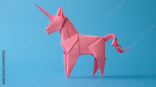 Handmade pink origami unicorn with a magical design on a vibrant blue background for whimsical decor