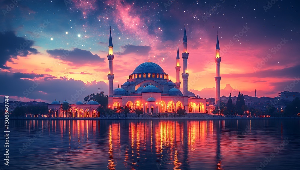 Fototapeta premium Majestic Mosque Reflected in Calm Waters at Sunset