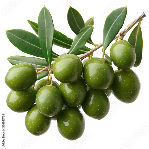 Close-up of ripe green olives on a branch surrounded by green leaves, symbolizing nutrition, nature, and Mediterranean agriculture. 