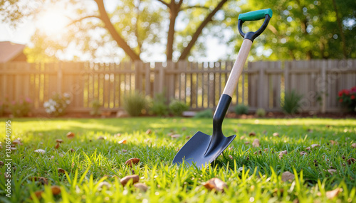 Garden spade resting on green grass under sunny backyard, gardening concept