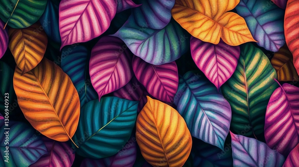 Fototapeta premium A colorful pattern of various leaves arranged in a creative design, vibrant and artistic atmosphere, eco-friendly vibe, ultra-detailed, high resolution.