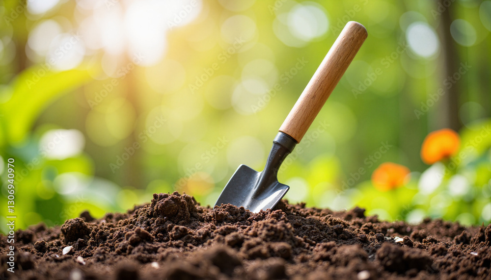 Eco-friendly garden spade resting on soil in lush garden, gardening tools Eco-friendly garden spade resting on soil in lush garden, gardening tools