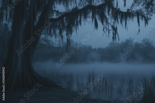 Spooky Swamp. Eerie Night Landscape with Foggy Spanish Moss Trees