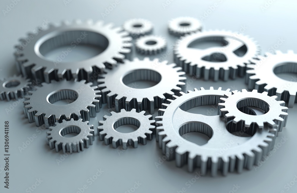 Several silver gears interlock on light surface, representing technology, automation in business processes. Machinery illustrates innovation, engineering, design, collaboration for system Several silver gears interlock on light surface, representing technology, automation in business processes. Machinery illustrates innovation, engineering, design, collaboration for system